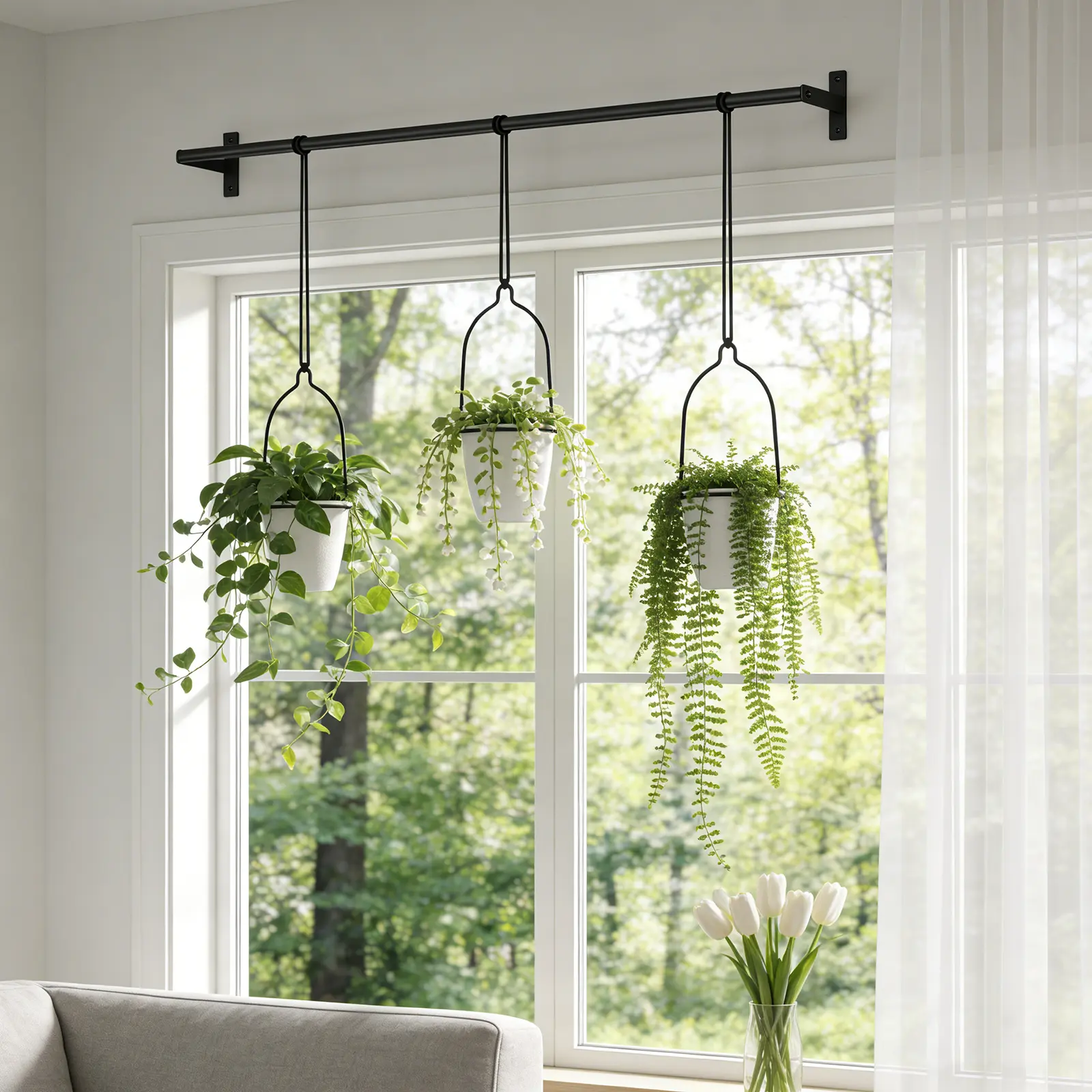 3-Pot Adjustable Hanging Planter Set with 1 x Hanging Rail, 3 x Adjustable Cords with Pot Holders, Anti-Rust Coating, 71-Inch Max Cord Length – Space-Saving Wall-Mounted Flower Rack for Balcony, Porch