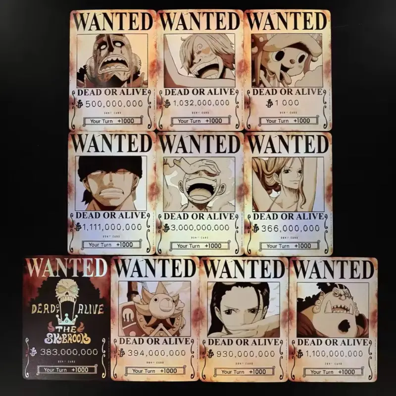 Straw Hat Wanted Bounty Posters Don Trading Cards Set - 10 Unique Textured Foil Pieces with Card Design for Play One Piece Adventure Trading Card