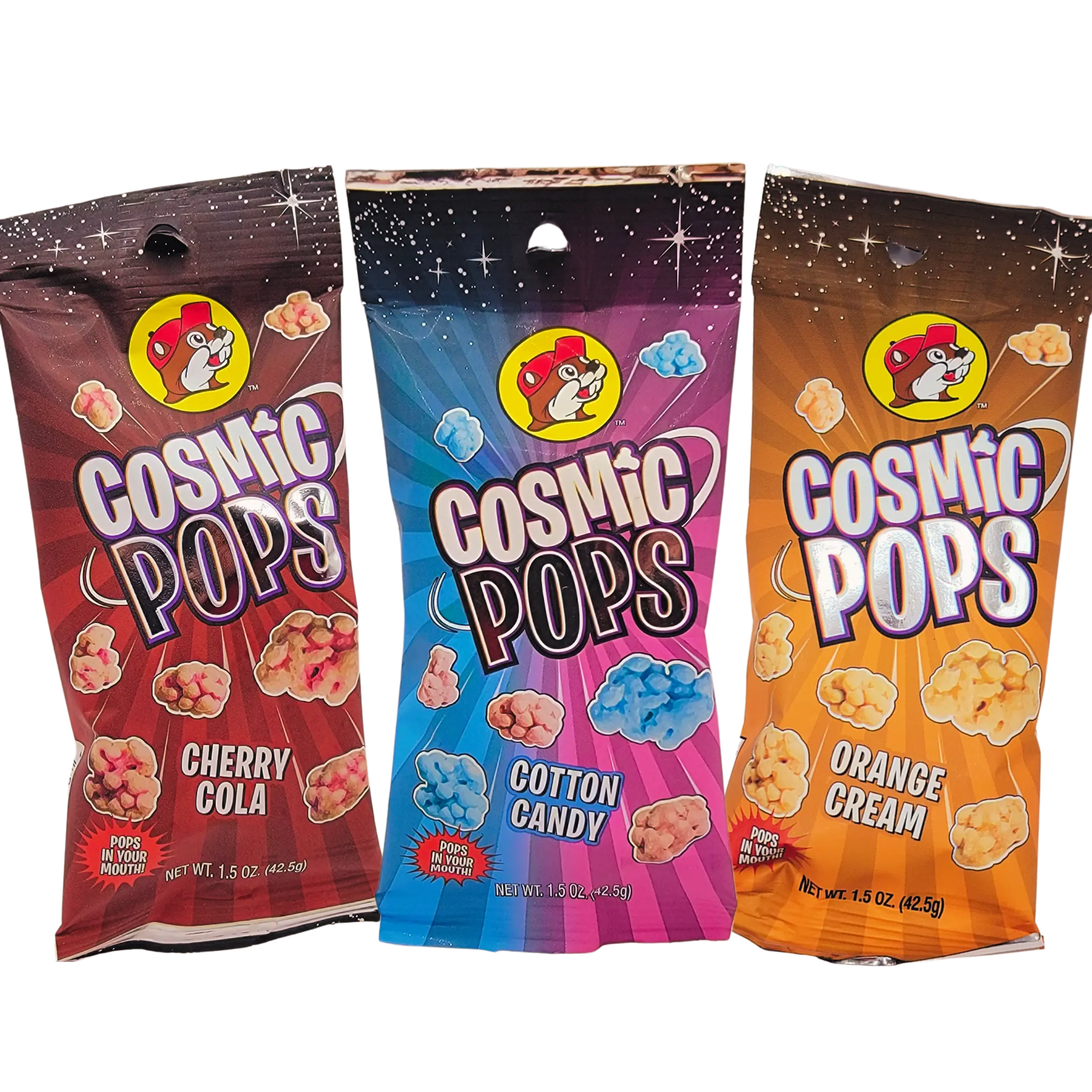 Buc-ee's Sweet Crackling Cosmic Pop Candy- 3 Flavor Bundle Snack Candies- Including Cotton Candy, Orange Cream and Cherry Cola candy pack variety
