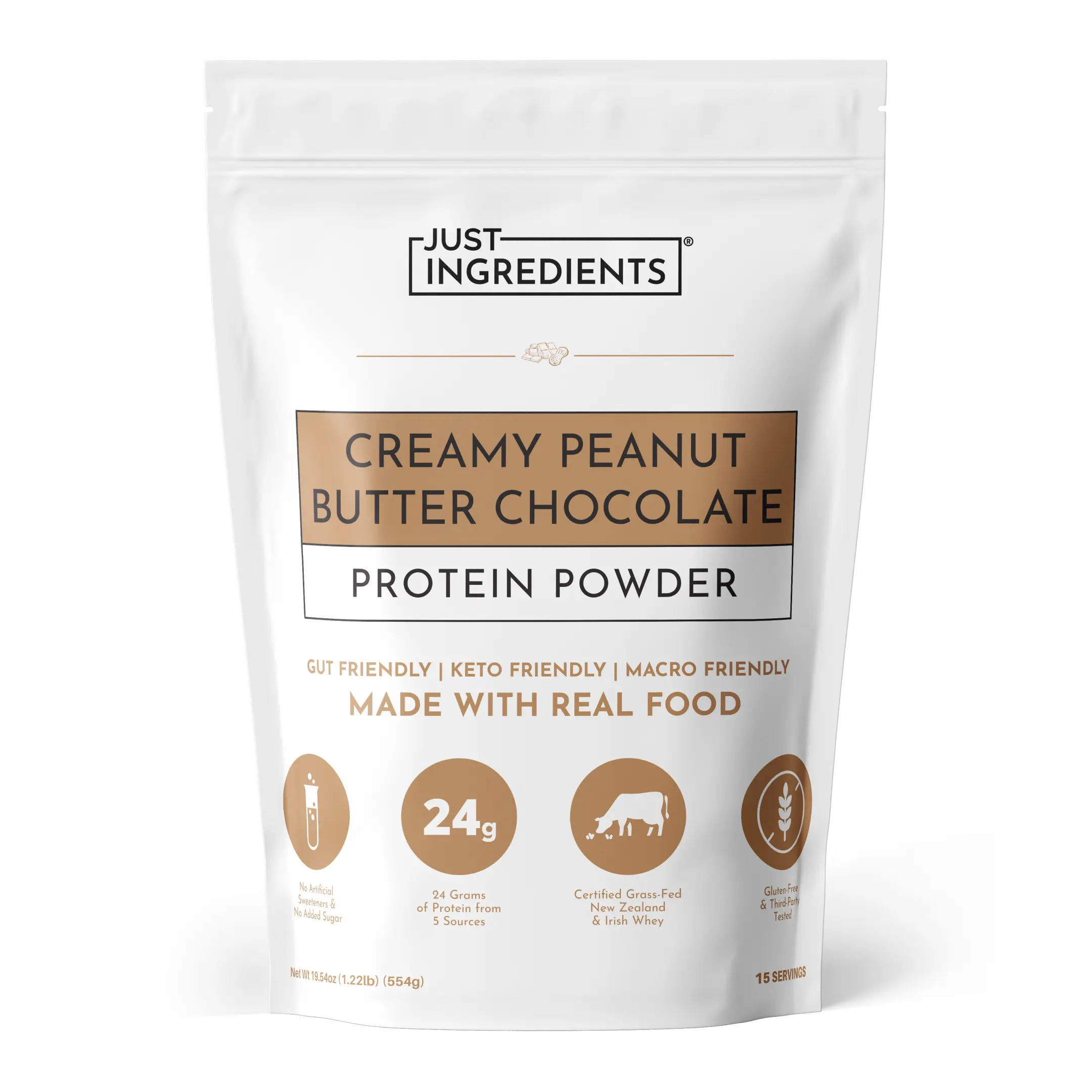 Just Ingredients Creamy Peanut Butter Protein Powder – 15-Serving Blend with Grass-Fed Whey, Pea, Pumpkin Seed, Chia & Collagen – No Sugar Added – No Gums 24g Protein