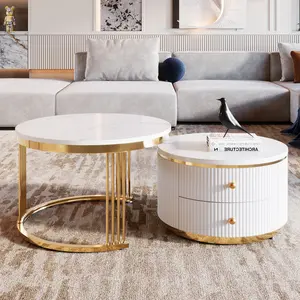 Modern Golden Round Nesting Coffee Table Set with Drawers, 27.6'' 2 Pieces MDF Top Electroplated Gold Legs, Space-Saving Storage Coffee & Side Table for Living Room
