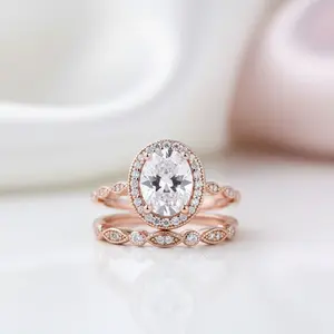 Rose Gold Vintage Leaf & Vine Art Deco Halo Oval Cut Ring Set