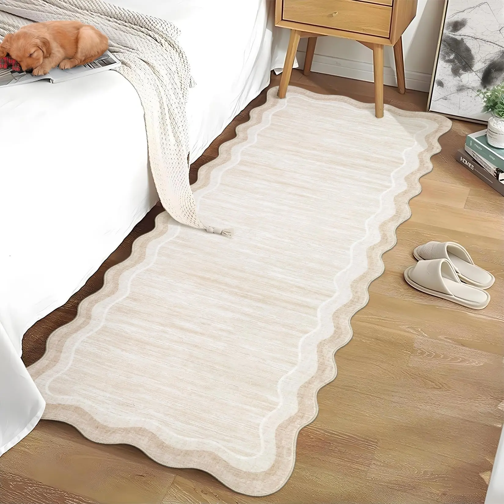 Garvee Washable 2x6 Runner Bath Rug - Scalloped, Non-Slip, Non-Shedding, Solid Beige Accent Carpet - Modern, Stain Resistant, Foldable Thin Mats for Bedroom, Hallway, Entryway