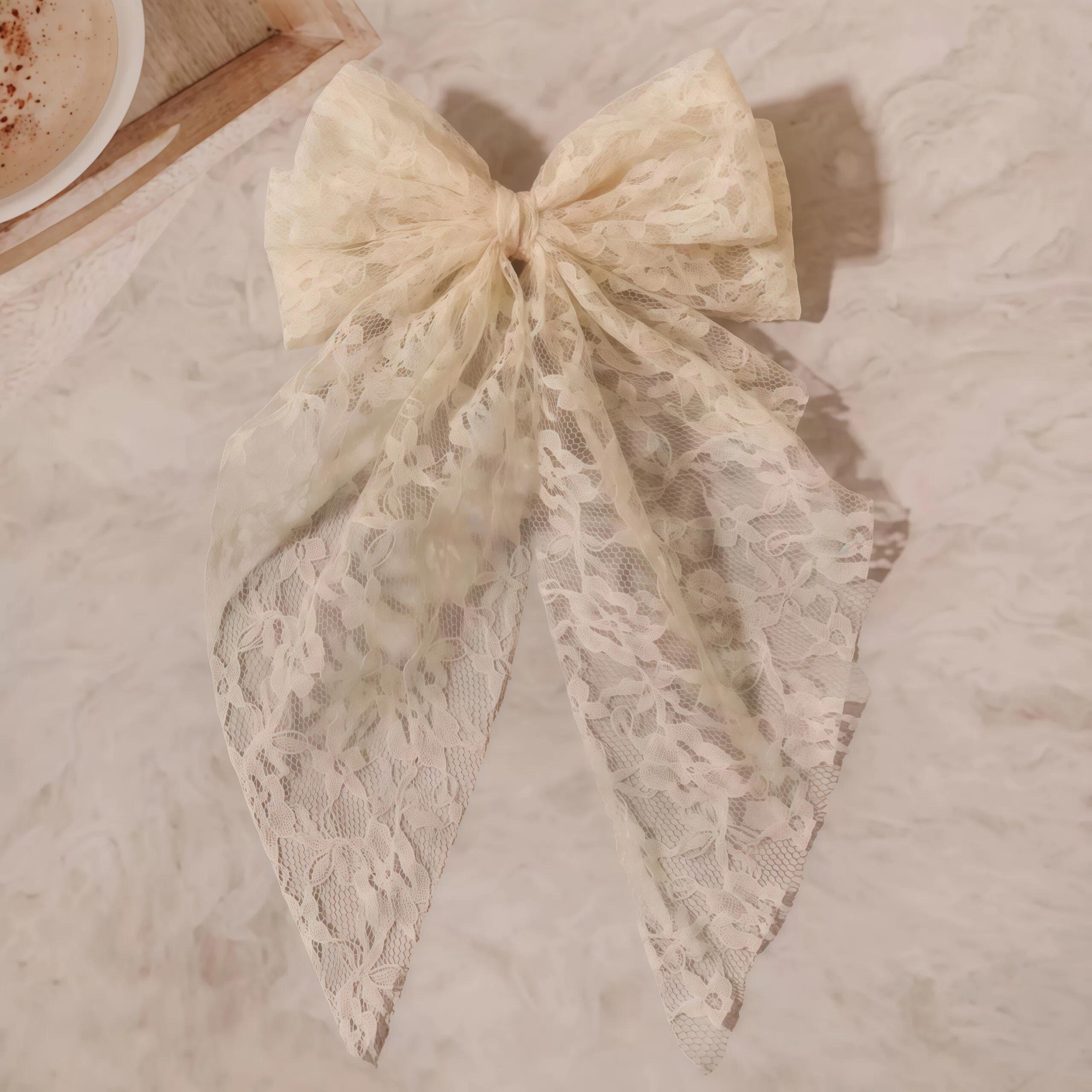 Layered Lace Bow Hair Clip with Flowing Ribbon Detail 3-Piece Set