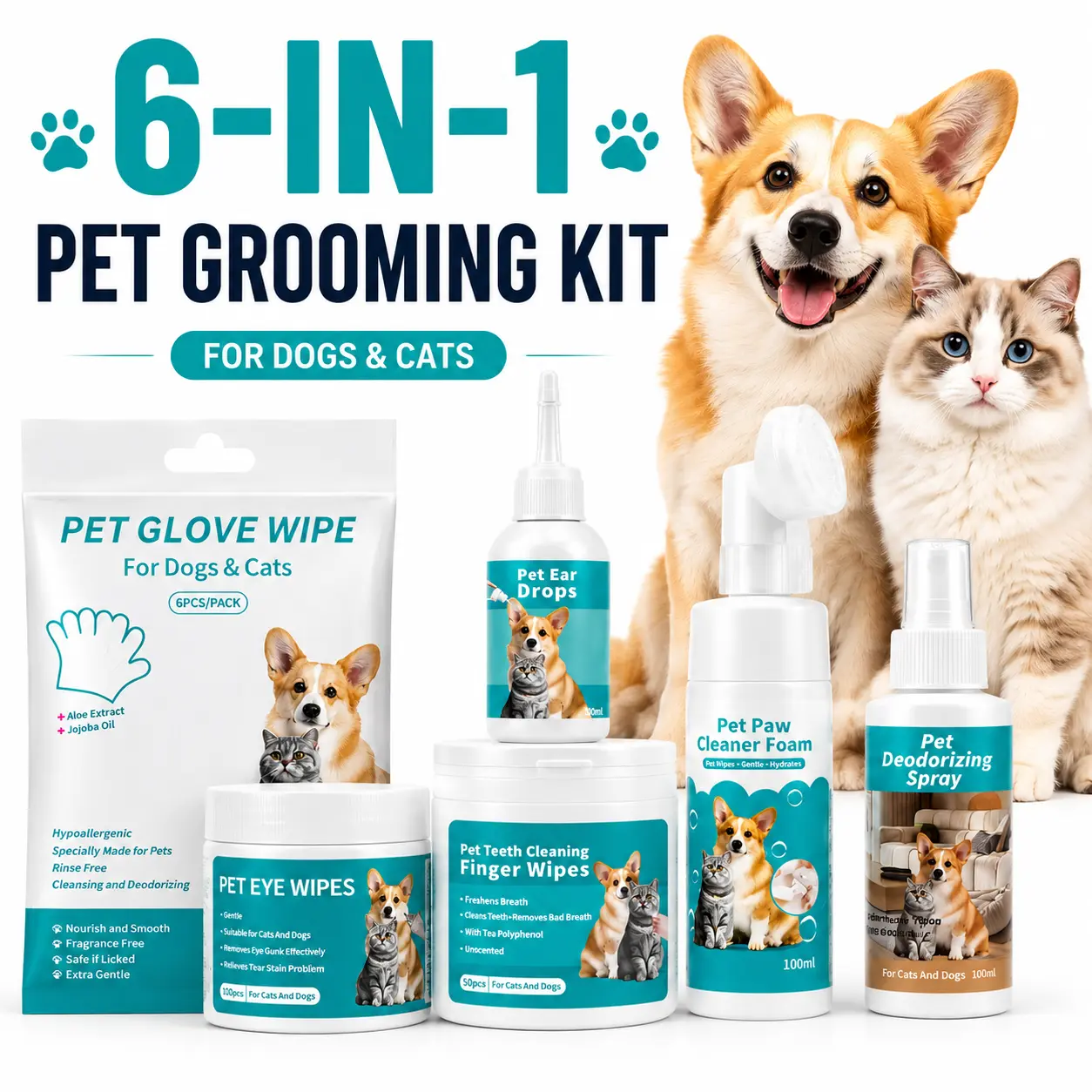 6-in-1 Pet Grooming Kit for Dogs & Cats - Glove Wipes, Pet Eye Wipes, Dental Wipes, Ear Cleaner, Paw Foam & Pet Deodorizer