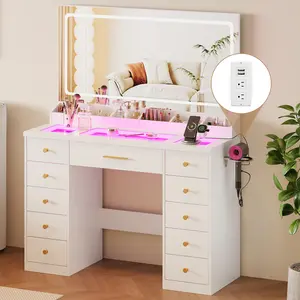 LAKEMID 58.3-inch LED Illuminated Large Mirror Vanity Table, Glass Top Dressing Table with RGB Ambient Lights, 11 Drawers, Power Outlet, Desktop Storage Compartments, 3 Lighting Modes, Bedroom Storage Table, Vanity Desk for Girls/Women (White)