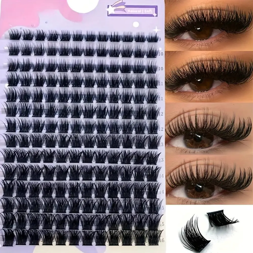 168pcs 0.07mm C Curl Mixed Length 9-16mm 3D Synthetic False Eyelashes Clusters Cosmetic Makeup, Natural Fluffy DIY Cat Eye & Doll Wind Lash Extensions