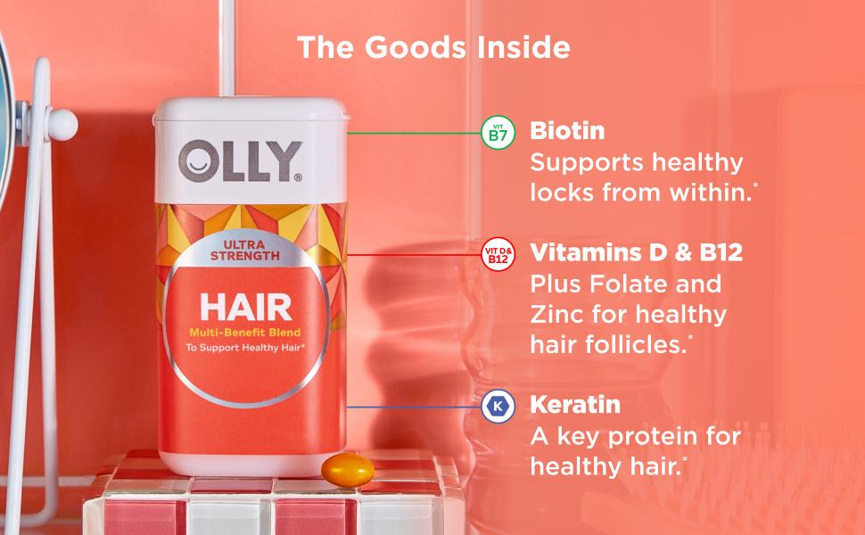 OLLY Ultra Strength Hair Softgels, Supports Hair Health, Biotin, Keratin, Vitamin D, B12, Hair Supplement, 30 Day Supply - 30 Count