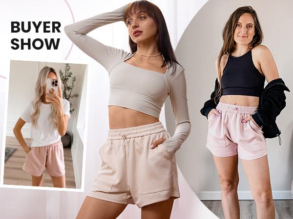 Pinspark Sweat Shorts for Women Casual Summer Athletic Shorts with Pockets, Adjustable Drawstring Fit, Black Color, Comfy Lounge Style