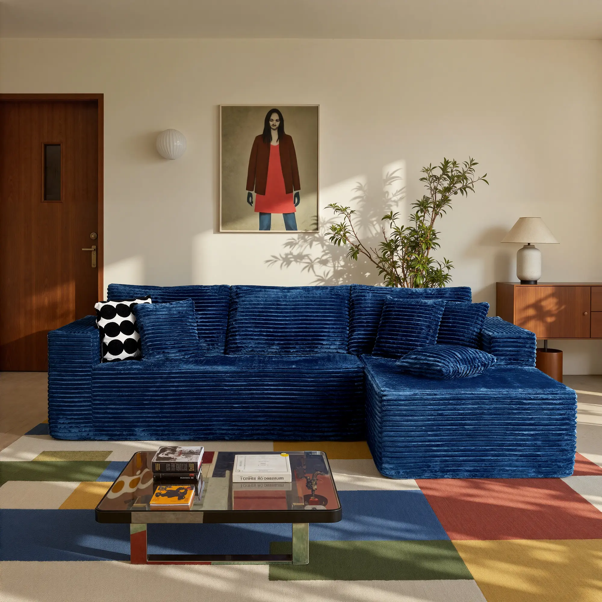 108" Blue L Shaped Sofa with Right Chaise