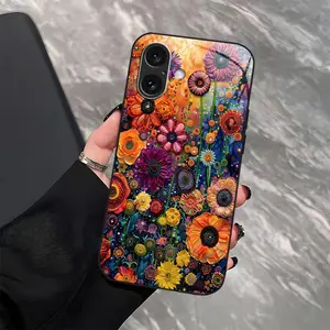 Colorful Floral Embroidery Art Phone Case | 2D Pattern Glossy Tempered Glass Shockproof Cover | Spring Easter Gift for 【iPhone & Samsung】  952