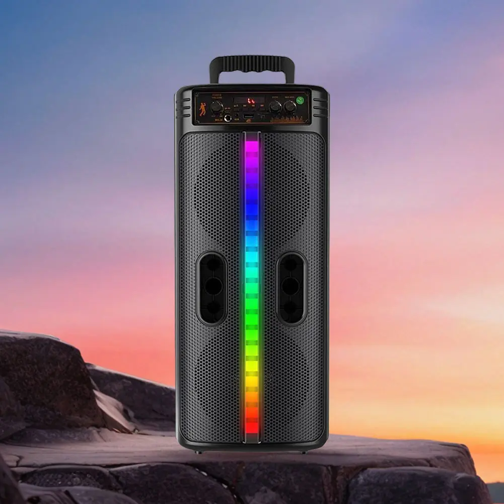 Portable Boombox Speaker for Cheerleading Sports & Outdoor Use - Dual 8.5-in Subwoofers, Bluetooth 5.0 Stereo Sound, USB/Aux Inputs, Colorful LED Lights, Mic, Remote, 2400mAh Batteries, 10H Playtime, Audio, Charging Cable, Charging Strip, Plastic, Yes