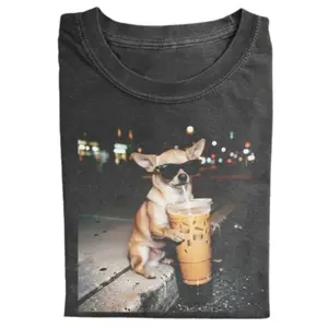 Vintage Chihuahua Coffee Tee, Cute Small Dog Iced Coffee Graphic Tee, Funny Puppy Street Photo Shirt, Coffee Lover Pet Aesthetic T-Shirt, Gift for Men Women, Crew Neck T-shirt, Trending T-shirt