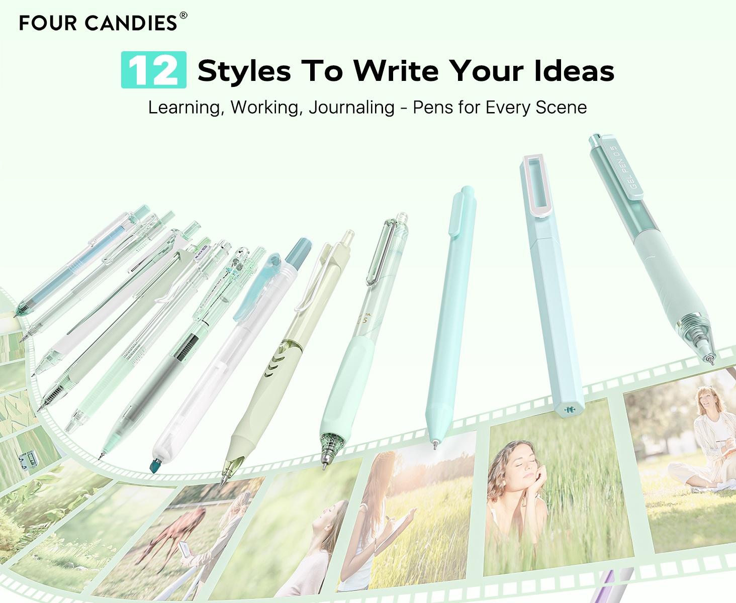 Four Candies 12Pack/Set Retractable Gel Pen, 0.5mm Fine Point Pen, Pastel Gel Ink Pen,Note Taking Aesthetic Pens, 11 Pack Black Ink Pens with 1 Highlighter,Cute Smooth Writing Pens for Office(Pink/Blue/Brown/Green/Purple)back to school Stationery Supplies