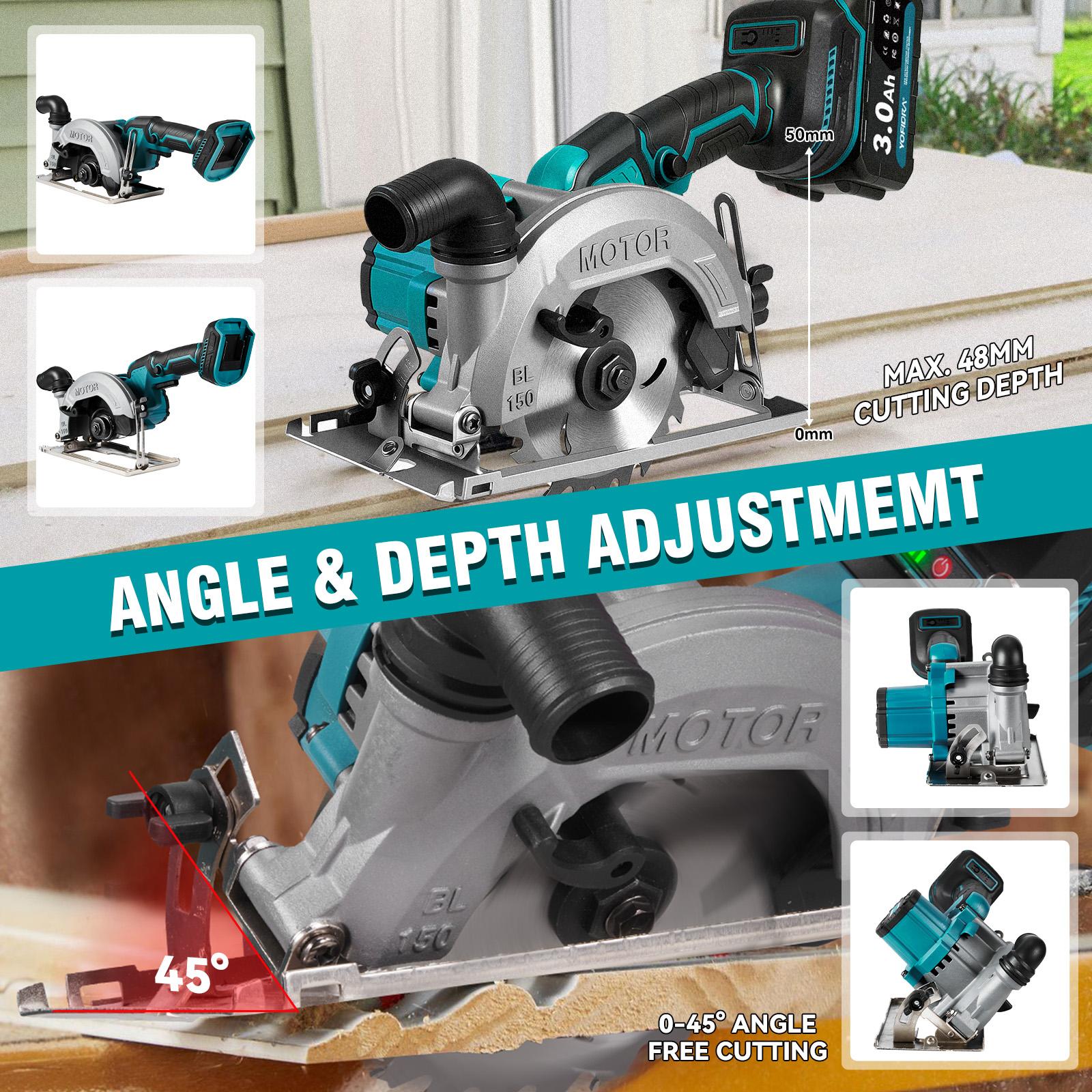 YOFIDRA Cordless Handheld Circular Saw | 48mm Depth/45° Misalignment | Comes with 3 Saw Blades and Dual Batteries | Brushless Motor | Suitable for Wood, Metal, and Stone DIY