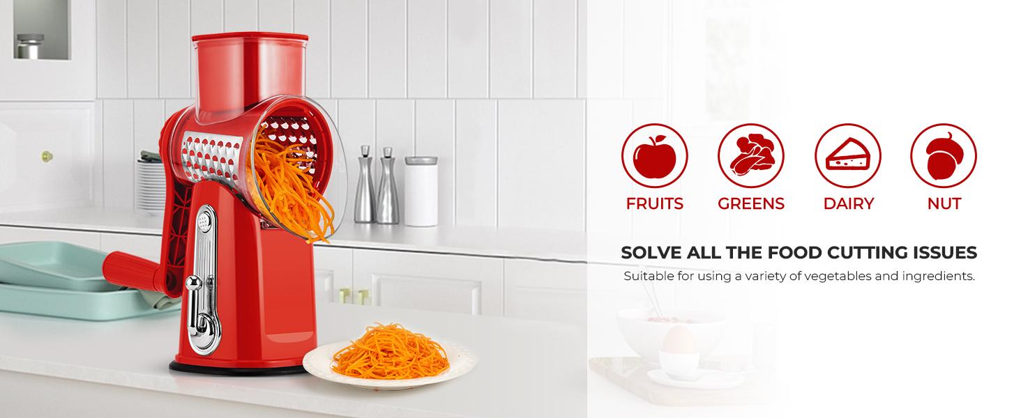 SUSTEAS Vegetable Chopper with 5 Design Blades and Suction Cup Base Kitchen Tool Rotary Cheese Grater fast cutting machine Food Processor Cutter Green Utensils Beige