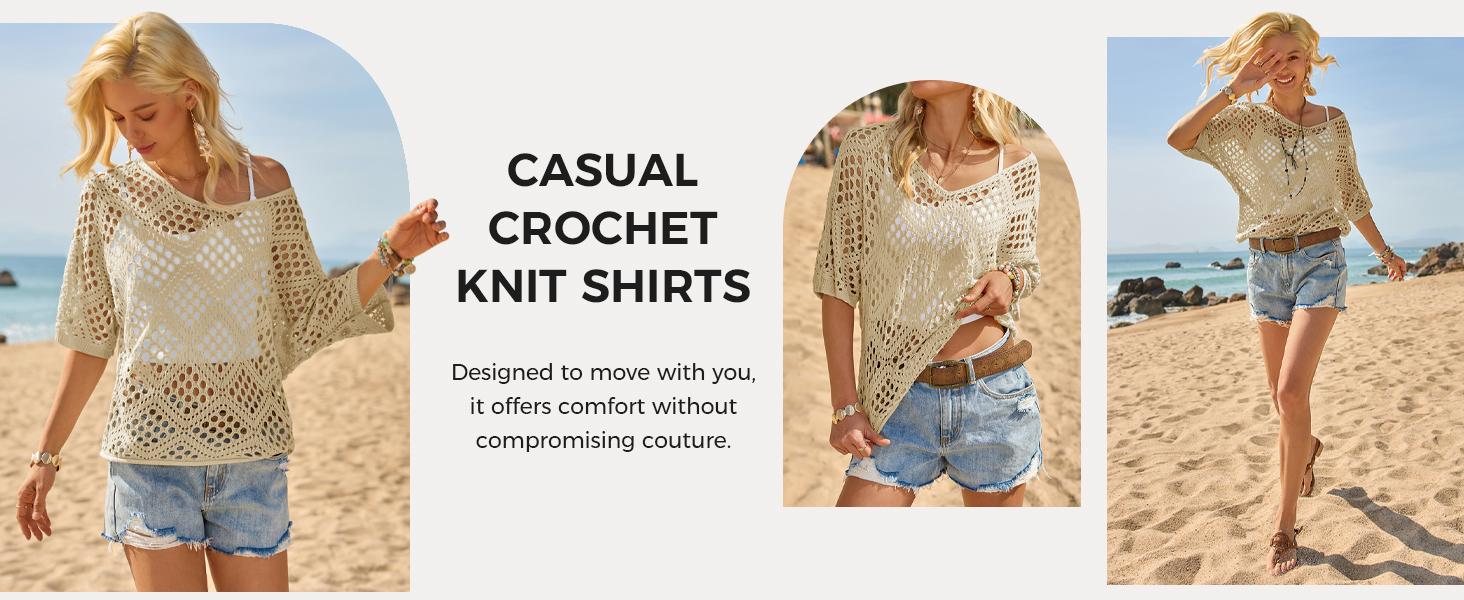 Fisoew Women's Bohemian-Inspired Beige Crochet Top with V-Neck #Springtok #TikTokShopJumpstartSale Casual Chic