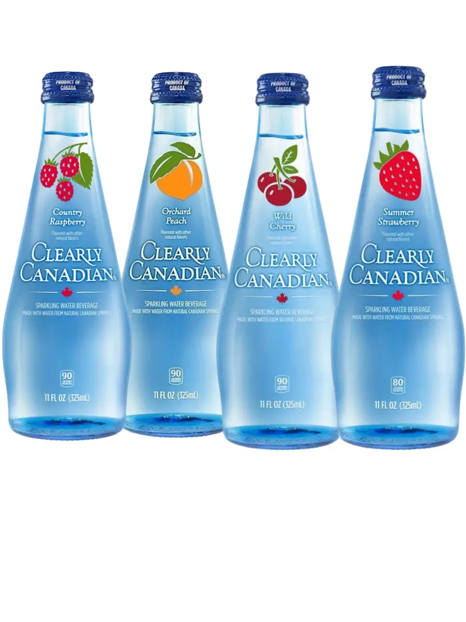 4 flavor Variety- Clearly Canadian Sparkling Water 11oz Glass Bottles | Orchard Peach, Wild Cherry, Country Raspberry, Summer Strawberry or Variety | Canadian Sparkling Water – NY Snack Pantry