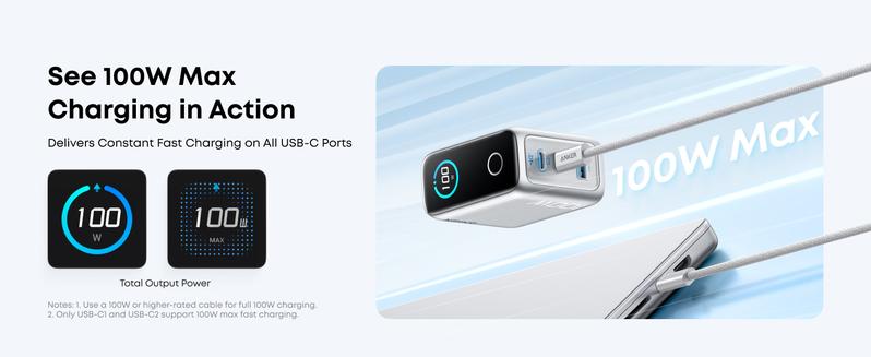 Anker Charger, 100W Max USB C Charger Block, 3-Port GaN and Ultra-Compact Wall Adapter, Smart Display and Touch Control, for MacBook, iPad, iPhone 17/16 Series, andd More (USB-C Cable Included)