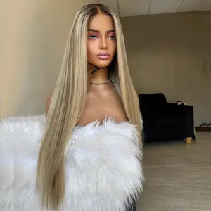 Blonde Highlight Colored Straight 13x6 Lace Frontal Human Hair Ash Blonde Highlight Wih Light Grey HD Lace Frontal Wig 613 Colored Virgin Luxury Wig 200% Density For Woman