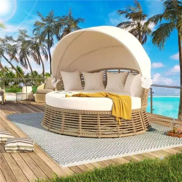 Bellemave Rattan Round Outdoor Daybed - Wicker Patio Furniture with Retractable Canopy, Removable Cushions, Backyard Decor for Porch, Poolside, Beige