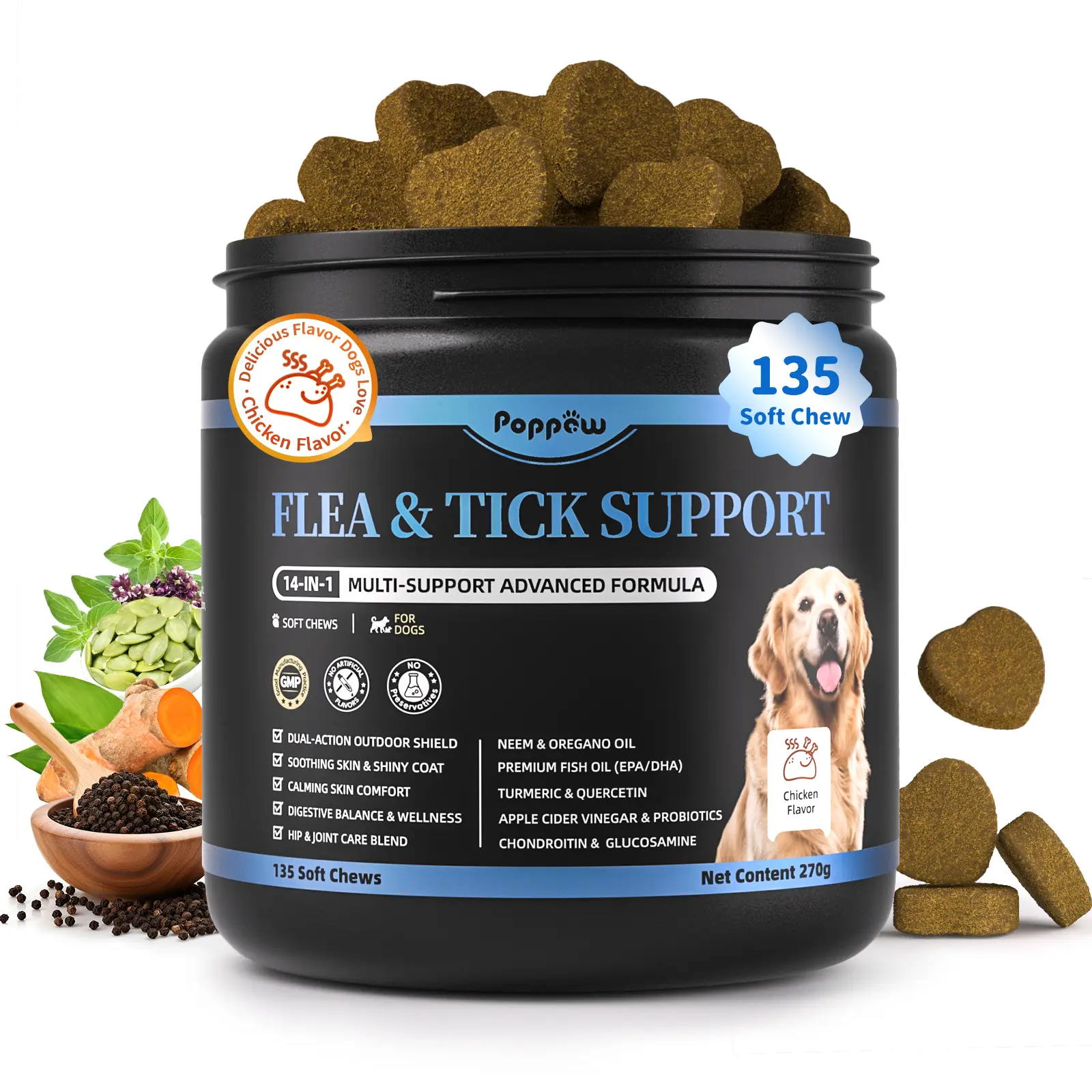 PopPaw Natural Dog Health Chews, Skin & Coat Support Supplement for Dogs, Daily Wellness Chewables for All Breeds and Ages, Chicken Flavor, 135 Count