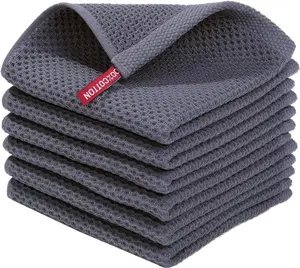 100% Cotton Waffle Weave Kitchen Dish Cloths, Ultra Soft Absorbent Quick Drying Dish Towels, 12 x 12 Inches, 6-Pack, Dark Grey