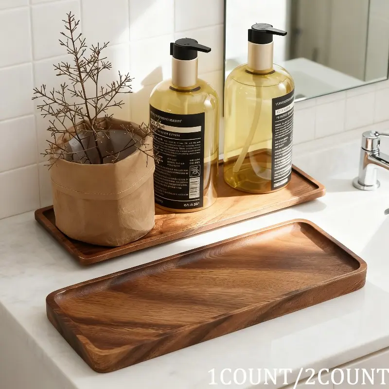 Natural Walnut Wood Rectangle Tray, Large Wooden Bathroom Counter Top Organizer, Polished Natural Grain Design, Ideal for Organizing & Stylish Decor
