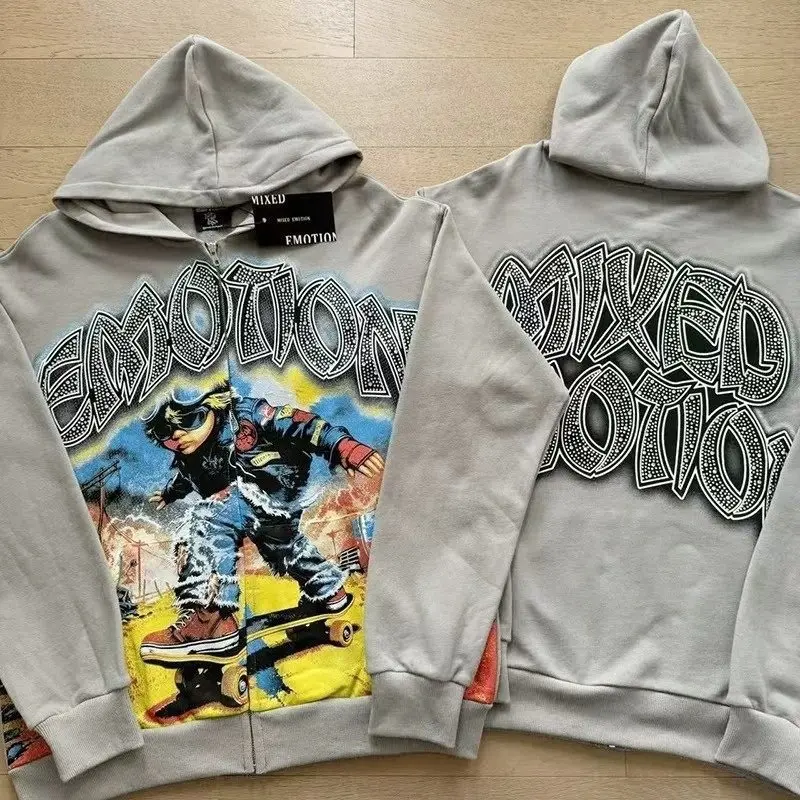 Men's Loose Fit Graphic Hooded Cardigan Jacket - High Street Skateboard Style with Diamond Letter Print