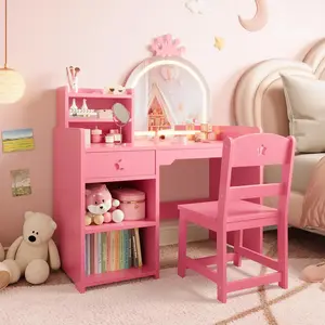 Kids Vanity with Lights, 2-in-1 Princess Makeup Desk & Chair Set, Open Bookshelf, Storage Cabinet & Shelves for Little Girls, Perfect for Imaginative Play and Organization