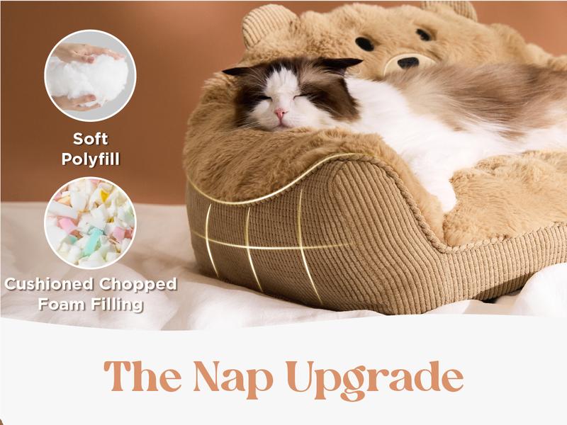 Lesure Teddy Bear Sofa for Small Pets - Valentine’s Day Gift for Fluffy & Warm Cute Couch for Indoor Cats, Fuzzy Cat Sofa with Removable Washable Cover, Supportive Pet Chair with Cute Teddy Bear Design, Perfect for Autumn & Winter Home