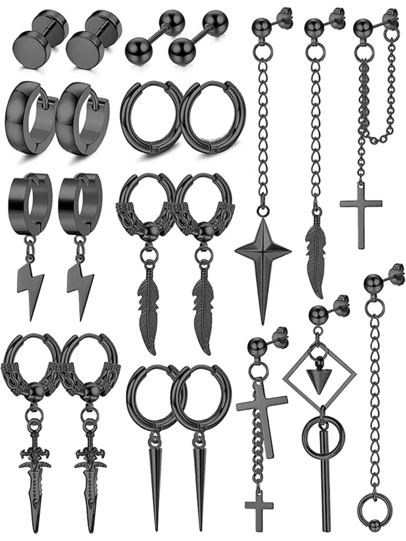 Men's Punk Style Stainless Steel Earrings, Cross & Feather & Compass Design Earrings, Cross Dangle Earring, Dangly Earrings, Fashion Jewelry for Party, Daily Clothing Decor, Trendy Exquisite Jewelry for Gift, High Quality Earrings