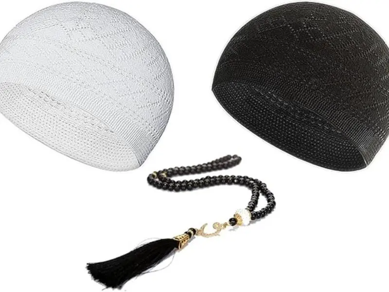 Muslim Prayer Cap Taqiyah with 99 Beads Tasbih, Islamic Handcrafted Kufi Hat & Prayer Beads Set, Religious Gift for Men, Ramadan Eid Hajj Umrah Accessories