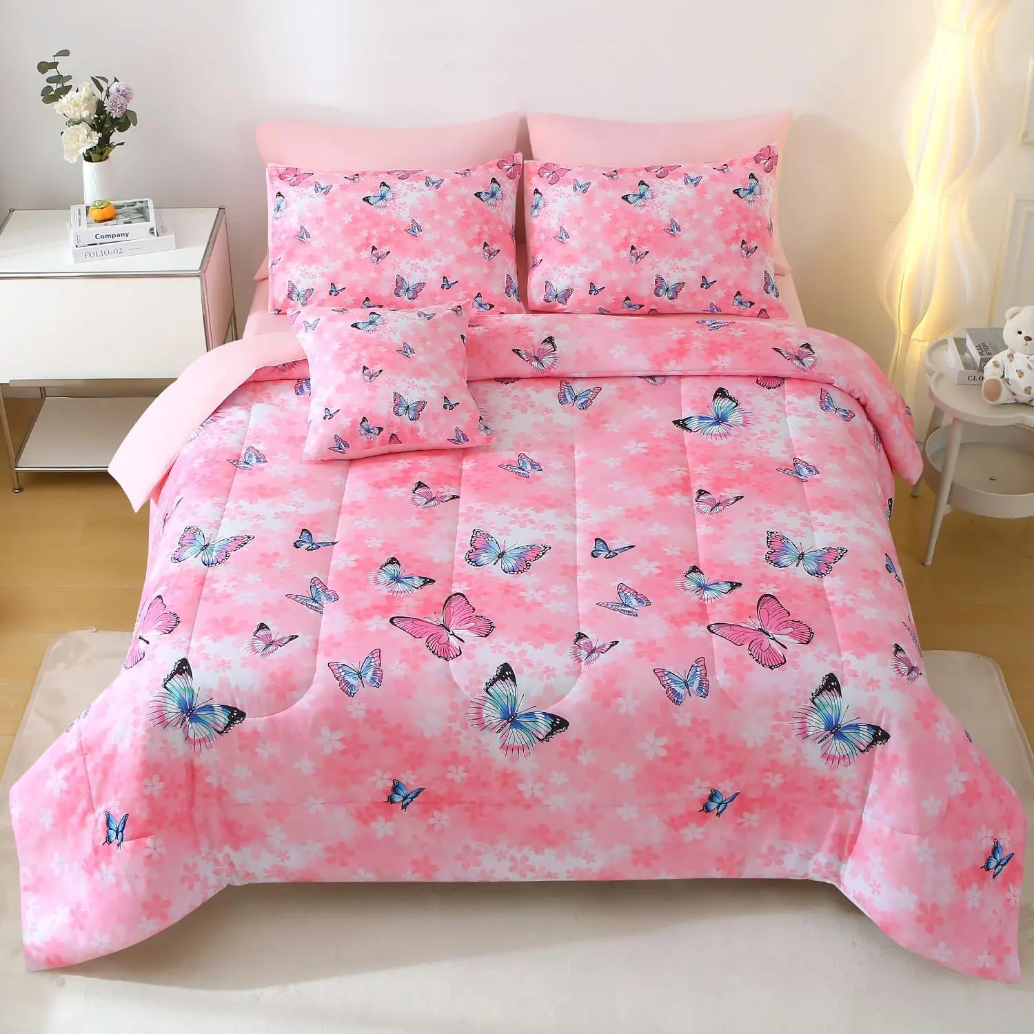 6 count Butterfly Comforter Set , 3D Pink Flower Printed Bedding Set, All Season Microfiber Butterfly Theme Home Decor Bedding for Girls with Sheet Sets (Pink)