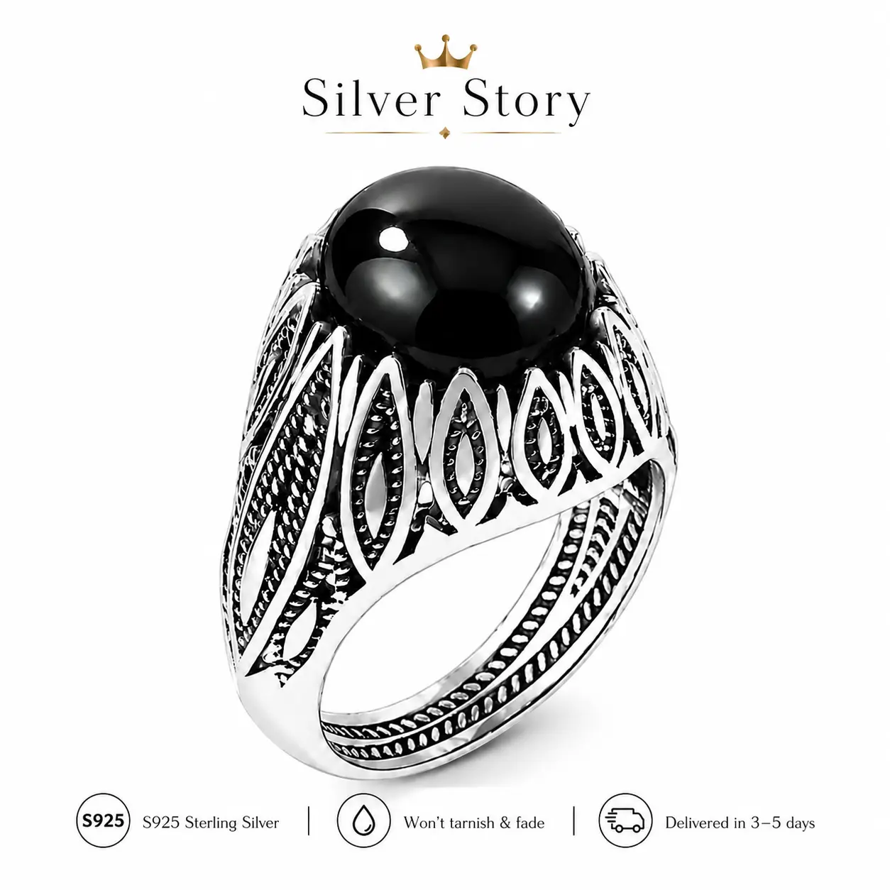 925 Sterling Silver Black Obsidian Ring for Men & Women, Vintage Gothic Oval Gemstone Statement Ring, Handmade Oxidized Silver Signet Ring, Unisex Jewelry, Size 6-10