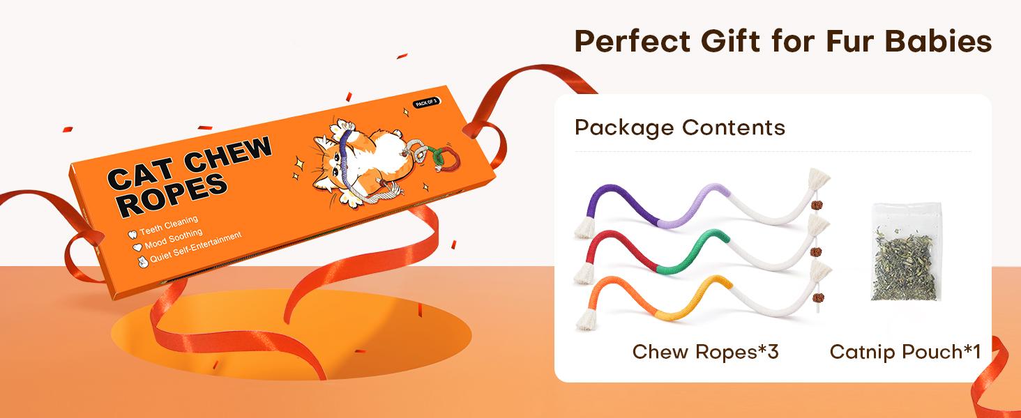 Cat Toys Chew Ropes 3Pcs with Refillable Natural Catnip, Safe Teeth Cleaning Toy for Indoor Kittens, Interactive Cat Nip Kitty Toys for All Breeds