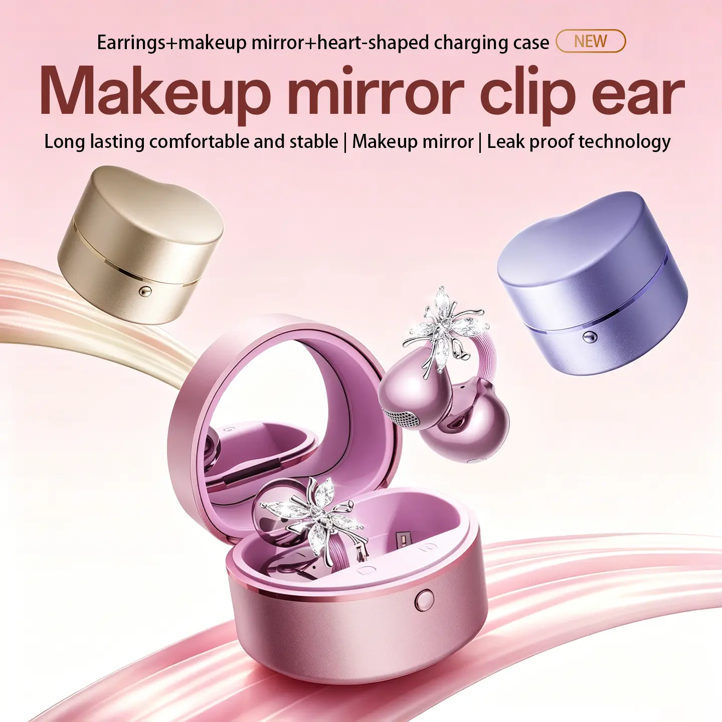 【TikTok Shop Creator Picks】ChenRuiDa M186 Clip-On Wireless Bluetooth Earbuds,   headphones bluetooth ,Heart-Shaped Portable Makeup Mirror Design, Open-Back Ear-Hook, Ultra-Comfortable, Long Battery Life, Water Resistant, Ideal for Daily Commutes, Gifts, A