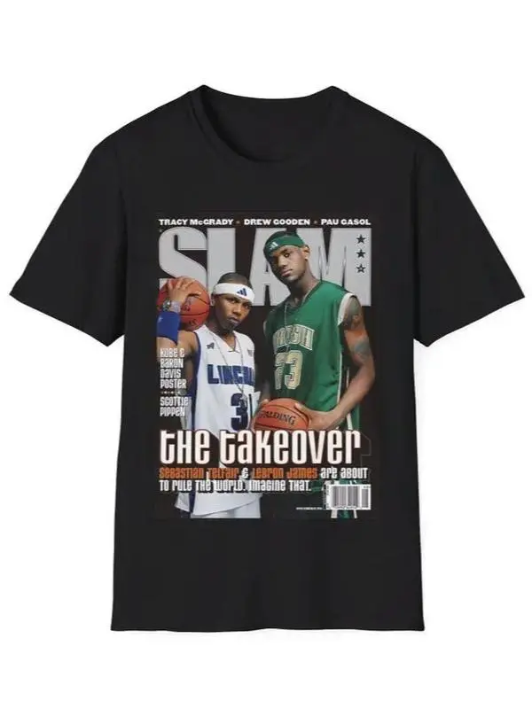 Unisex Short-Sleeve Round Neck Basketball Graphic T-Shirt - Vintage Sports Magazine Cover Print, Casual Streetwear Sports Top, Shortsleeve, Tshirt