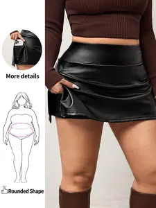 Hillary Plus Size Women Solid Color PU Leather Skort Skirt