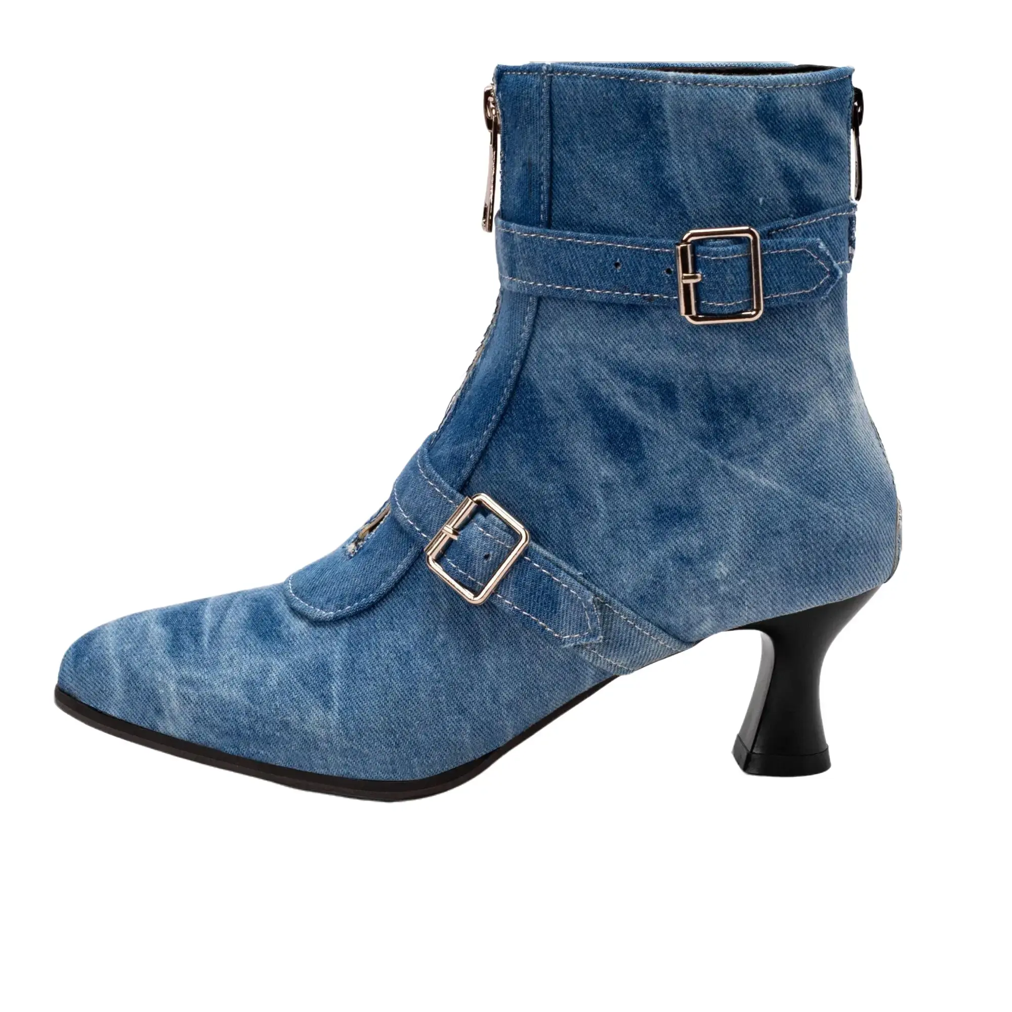Women's Low Kitten Heel Booties Pointed Toe Ankle Boots Zip Buckles Strap Short Boots Dress Shoes