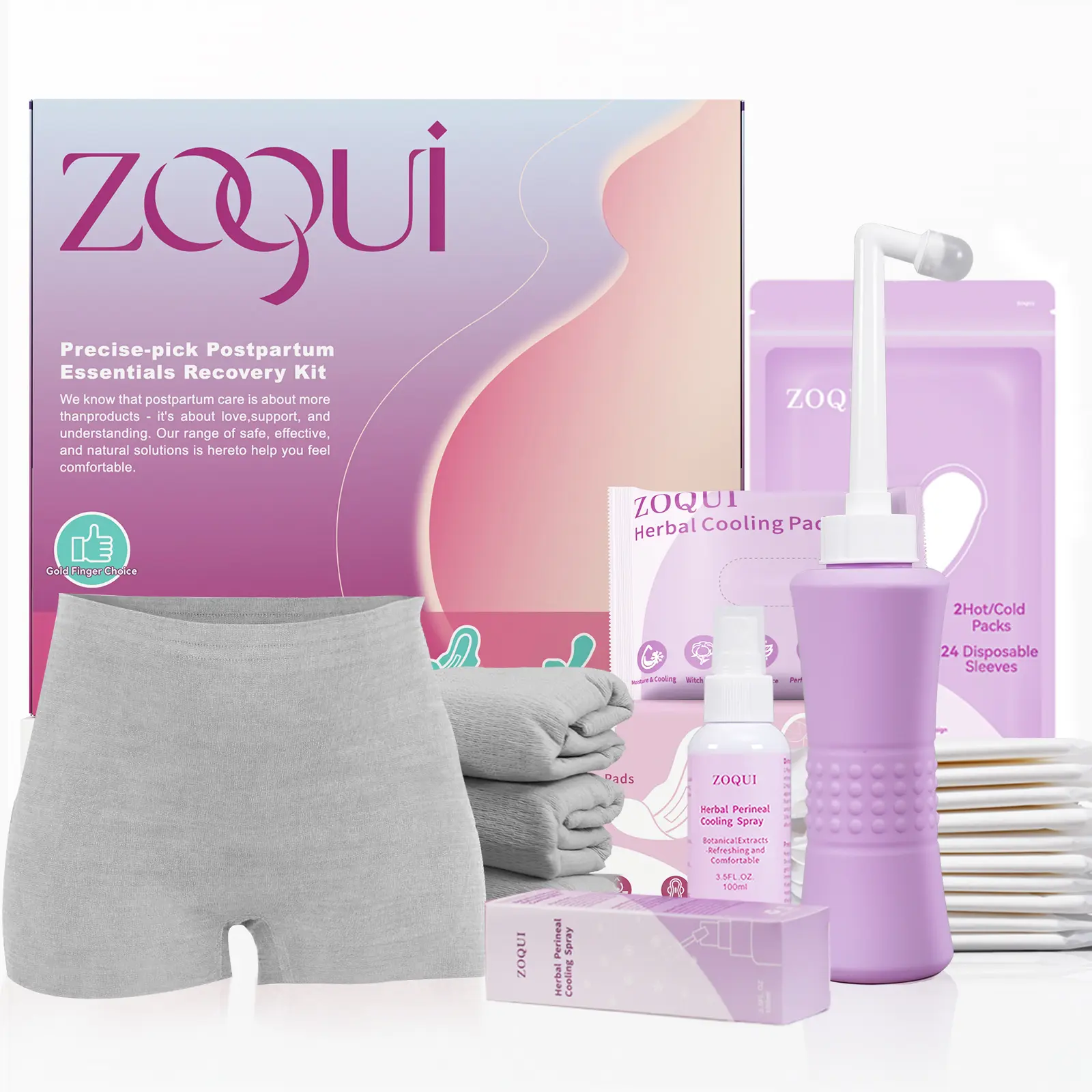 ZOQUI Women's Postpartum Essentials Recovery Kit, Labor & Delivery Mom Care Set with Peri Bottle, Cooling Spray, Disposable Underwear, Pads, Hot-Cold Packs, Liners for Summer Comfort, Sensitive, Wipes, Mom Stuff
