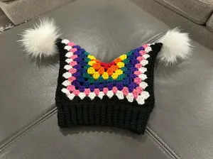 Handmade Crochet Jester Hat – Granny Square Beanie with Faux-Fur Pom