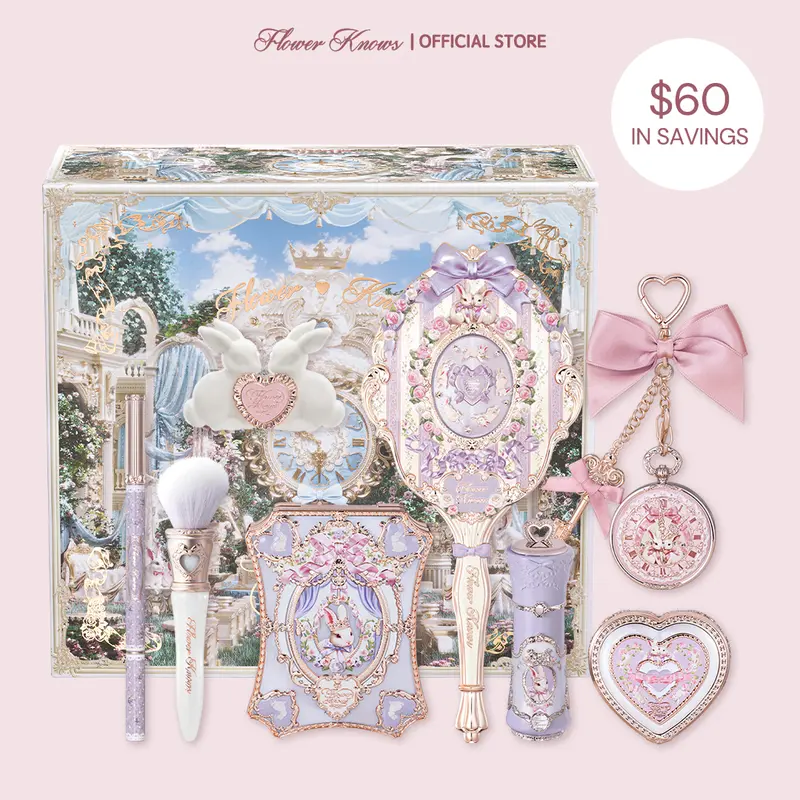 Flower Knows Sweet Routine Set, Bunny Garden 9-Piece Full Face Vintage Makeup Set, Palette, Embossed Blush, Gel Eyeliner, Brush, Lip Balm, Mirror, Pearl Beauty Products, Gift for Girly Girls, #sohochic, Ideal for Christmas gift, Black Friday