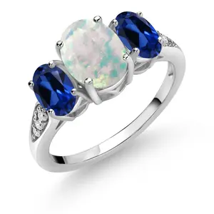 Gem Stone King 10K White Gold 3-Stone Engagement Ring for Women | Gemstone Birthstone Created Sapphire and Lab Grown Diamond Accents | Oval 8X6MM 6X4MM | Size 5-9