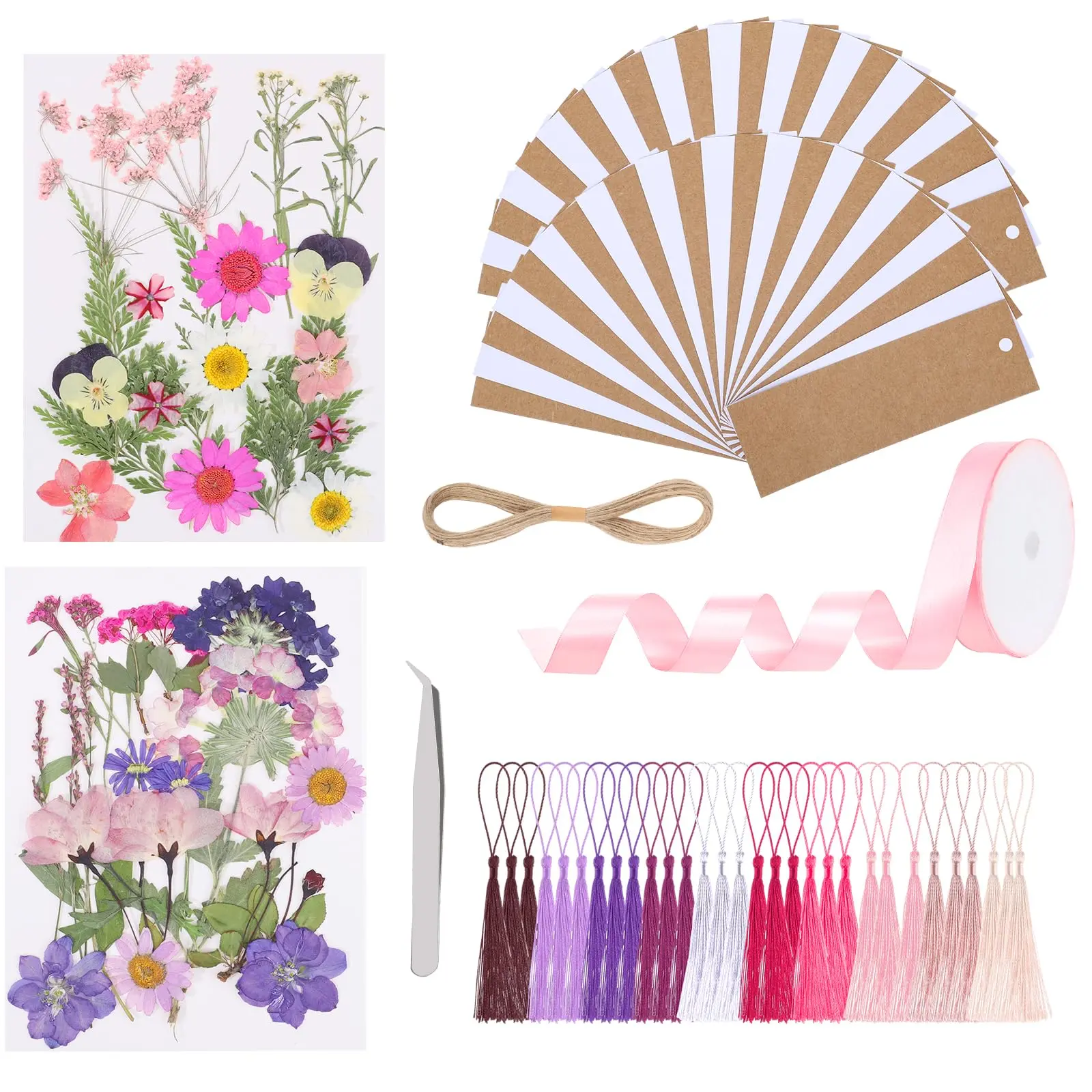60 Paper Blank Bookmarks  Diy Pressed Flower Craft Set Dried Floral Book Mark Making Kit With 40 Flowers 30 Tassels 1 Roll Ribbon Twine Tweezers