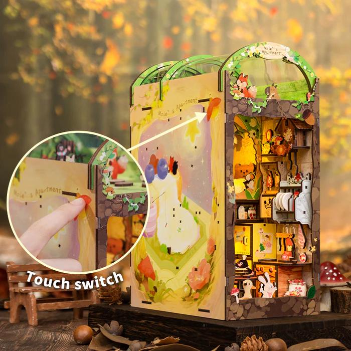 CUTEBEE DIY 3D Book Nook Kit Mole’s Apartment – Miniature Wooden Animal Apartment Dollhouse, Handmade Tiny House Bookshelf Insert with LED Light | Holiday, Christmas and Black Friday Gift