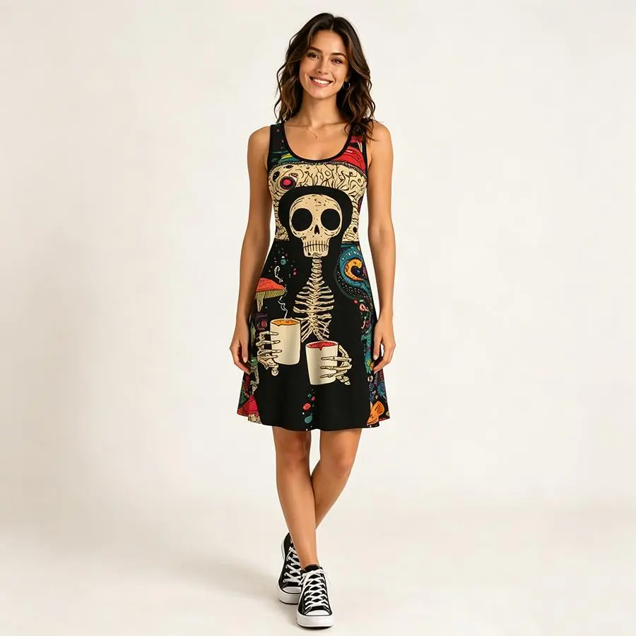 Women's Casual Black Breathable Sundress - Sleeveless, Lightweight, Gradient, Bohemian Punk Gothic Styles with Abstract Painting, Cartoon Mushroom, Skull Portrait, Geometric Pattern Prints for Vacation Butterfly, Soft