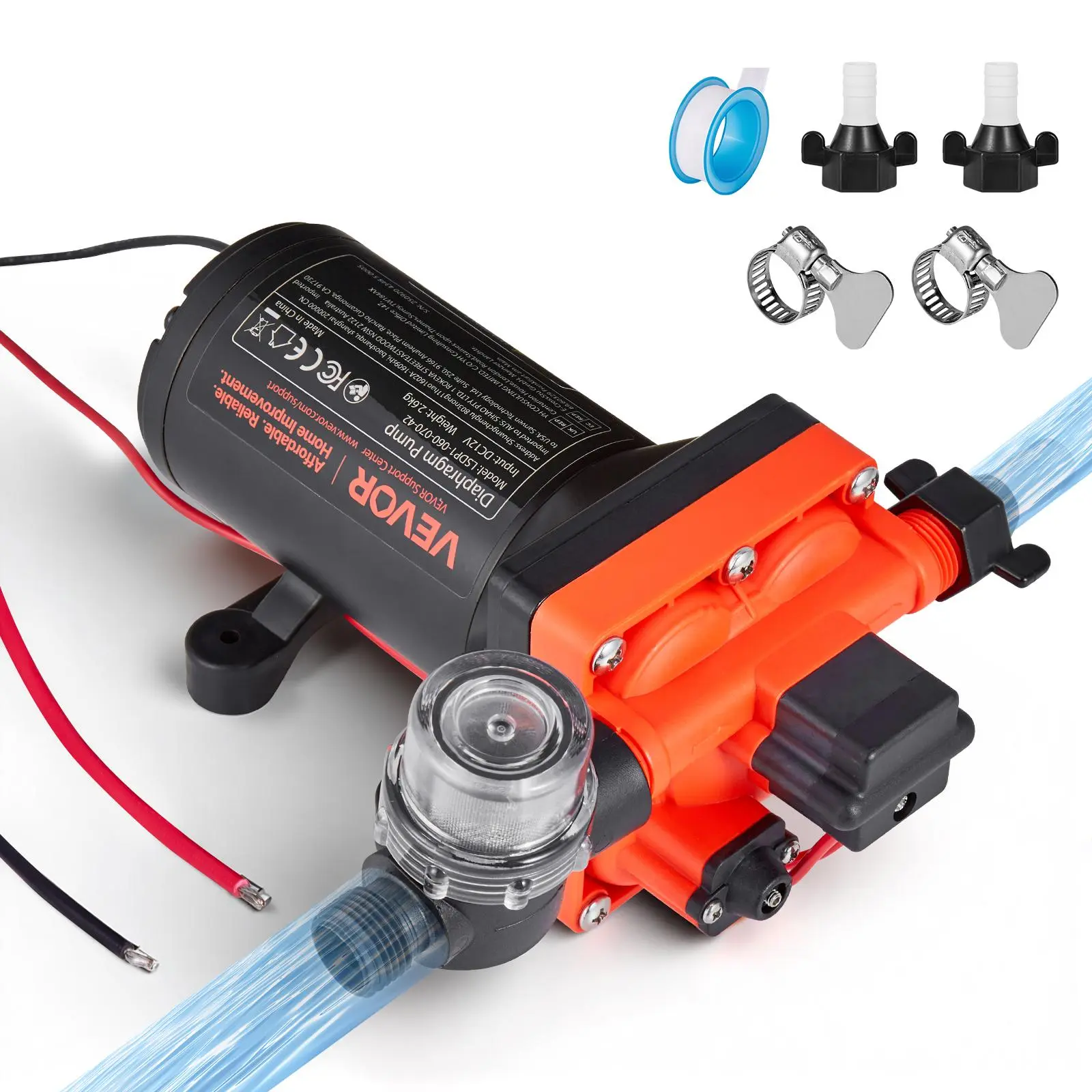 VEVOR 12V DC Self-Priming Diaphragm Water Pump, 4-Chamber with Automatic Pressure Switch, 6GPM Flow 70 PSI Max Pressure, Copper Motor, 1/2-Inch Hose Connection, Stainless Clamp, for Caravan, Sprinklers, with Hose Adapter & Debris Filter Block, Campers, 6