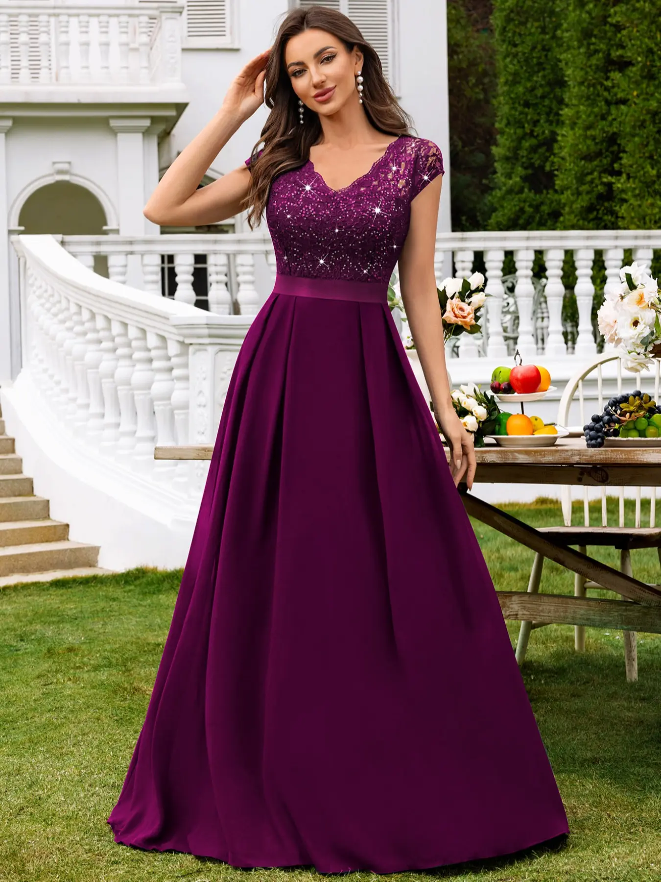 MIUSOL 54406A V Neck Sequin Floral Lace Cap Sleeve Chiffon Pleated Hem Evening Party Maxi Dress, Elegant Chic Party Dress For Women, Formal Evening Gown, Prom Dress, For Wedding Guest, Graduation, Dinner, Elegance, Formal Wear, Lady