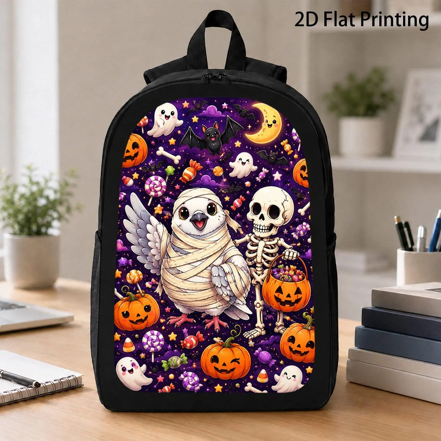 17 Inch Art Backpack Featuring Mummy White Pigeon Skeleton Pumpkin Ghost Moon Candy Halloween Popular Festive Durable Travel School Bag Collection